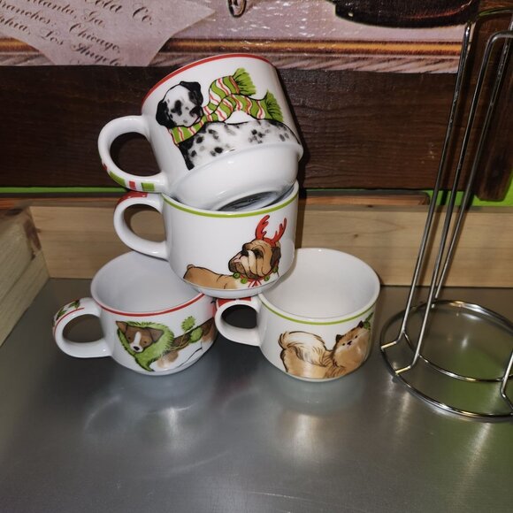 Dog-Themed Ceramic Stackable Coffee Mug Set With Metal Stand - Picture 1 of 7